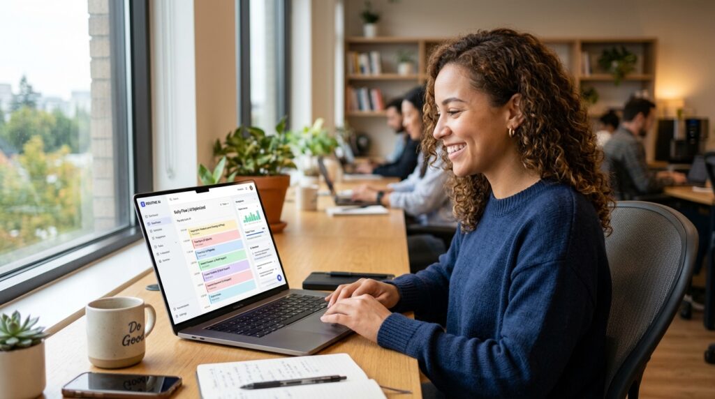 Uma pessoa sorridente trabalhando em um laptop moderno, utilizando uma ferramenta de Inteligência Artificial para organizar sua rotina de forma produtiva