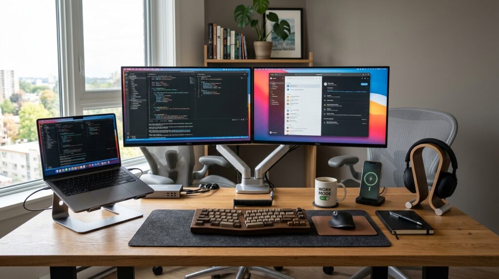 Setup de trabalho moderno e limpo, focado na ergonomia, mostrando os melhores gadgets e hardware sobre uma mesa de madeira.