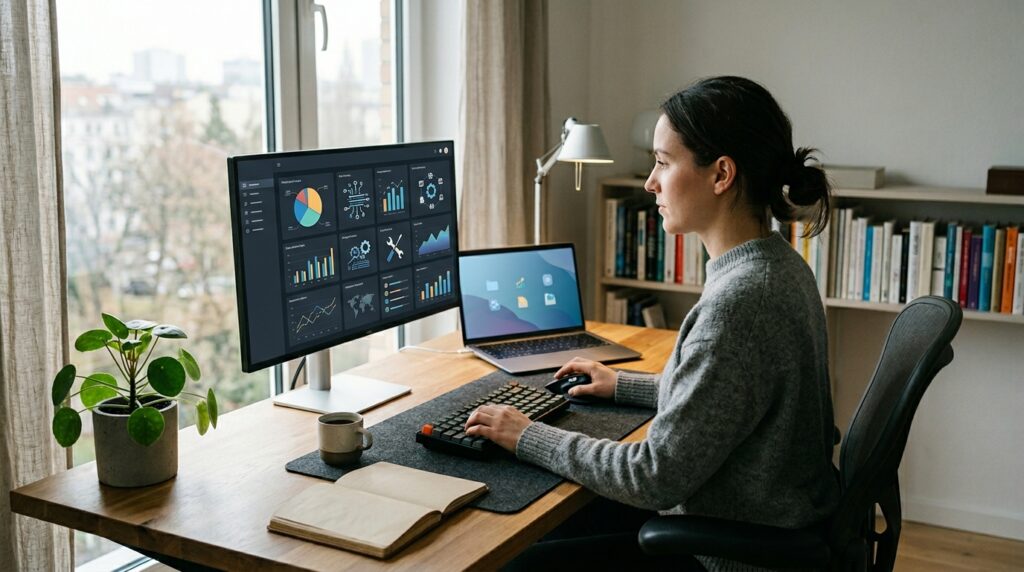 Um ambiente de trabalho minimalista e focado, representando o conceito de produtividade digital na prática do dia a dia