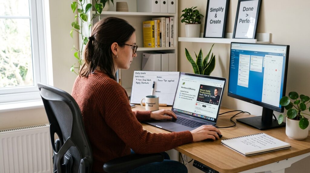 Uma pessoa organizada trabalhando em seu notebook, focada na tela e aplicando tutoriais e dicas de tecnologia para melhorar sua eficiência e fluxo de trabalho diário.