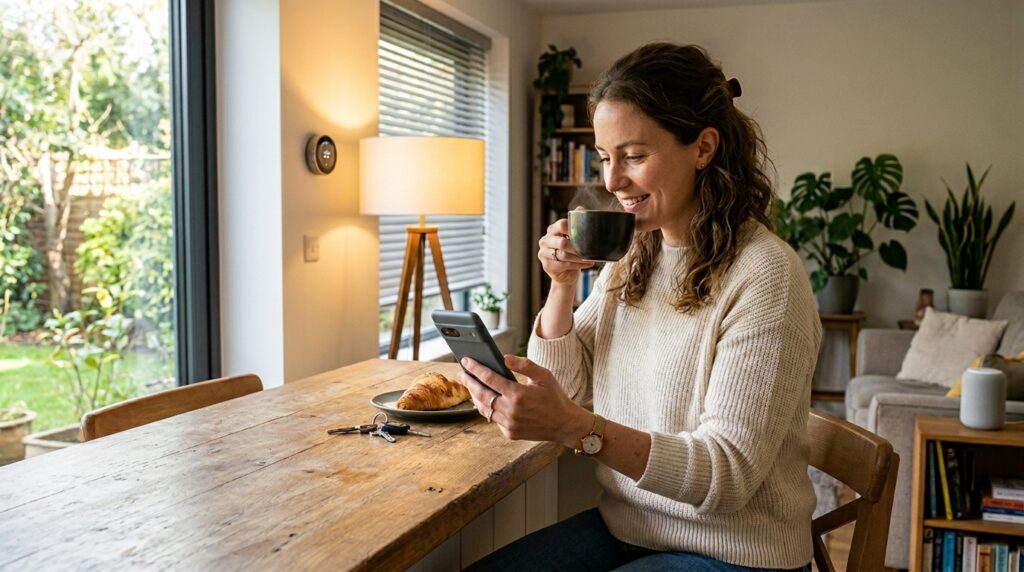 Uma pessoa controlando os dispositivos de sua casa pelo smartphone enquanto toma um café, ilustrando perfeitamente o Cotidiano Tech