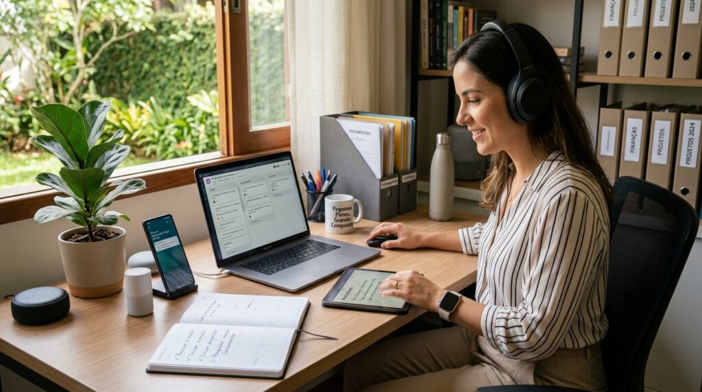 Uma pessoa organizada utilizando tecnologia e produtividade no dia a dia para gerenciar tarefas